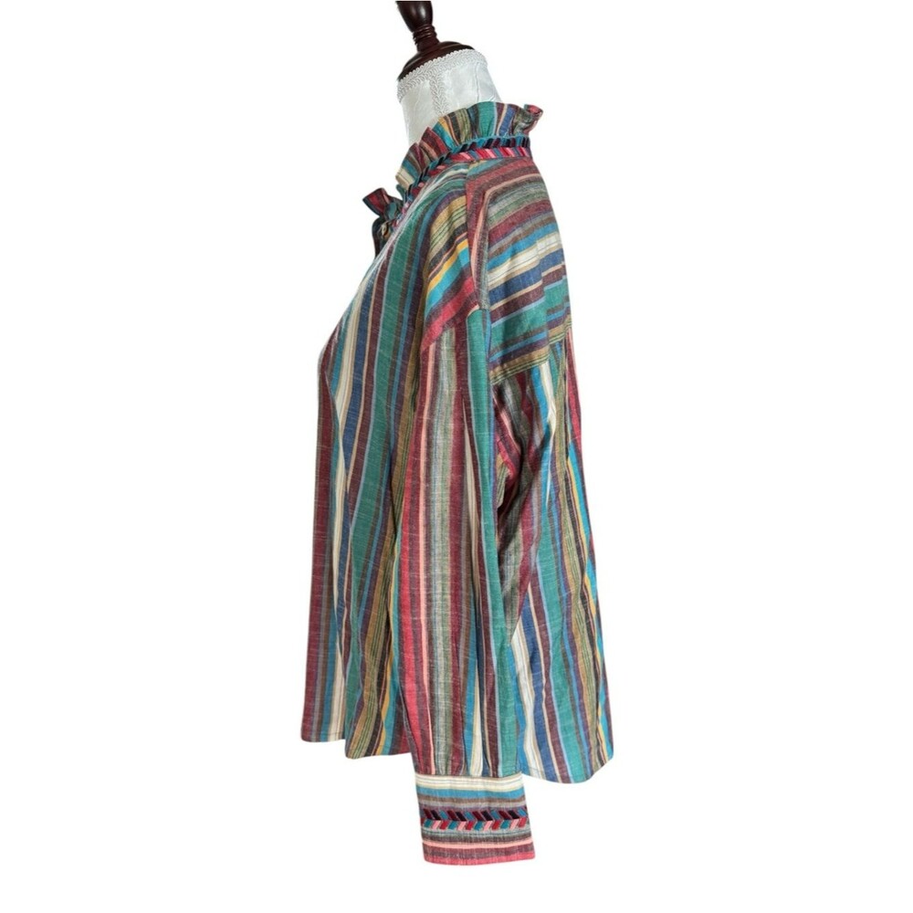 Xirena Charley shirt in a "Painted Sunset" multi-color stripe pattern. - Picture 4 of 9